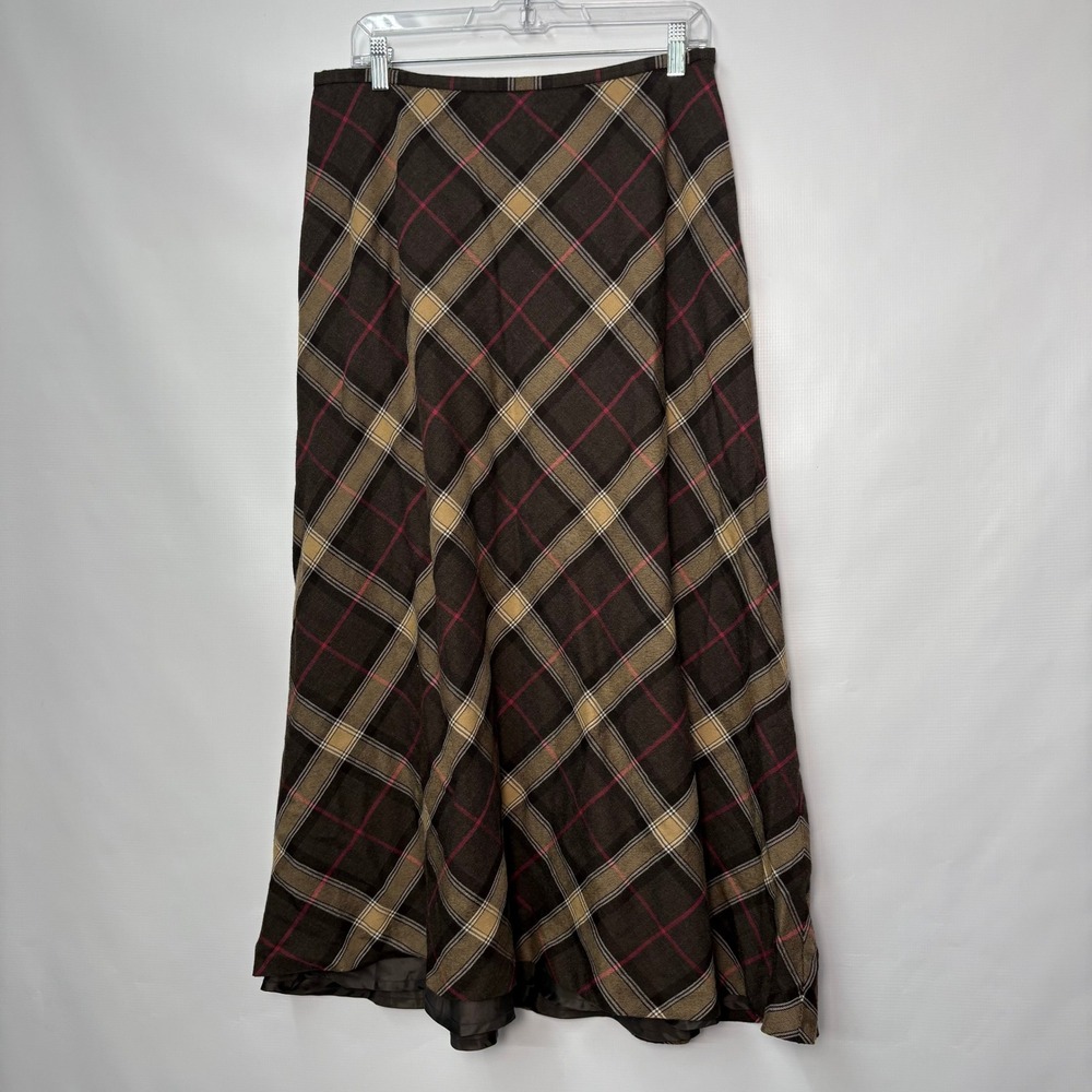 Talbots Brown Plaid 100% Wool Maxi Skirt Lined A-Line Size 14 Dark Academia